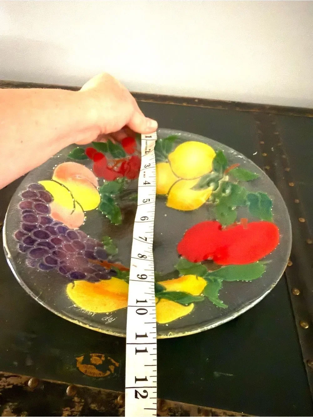 Peggy Karr Round FRUIT Fused Art Glass Bowl Signed